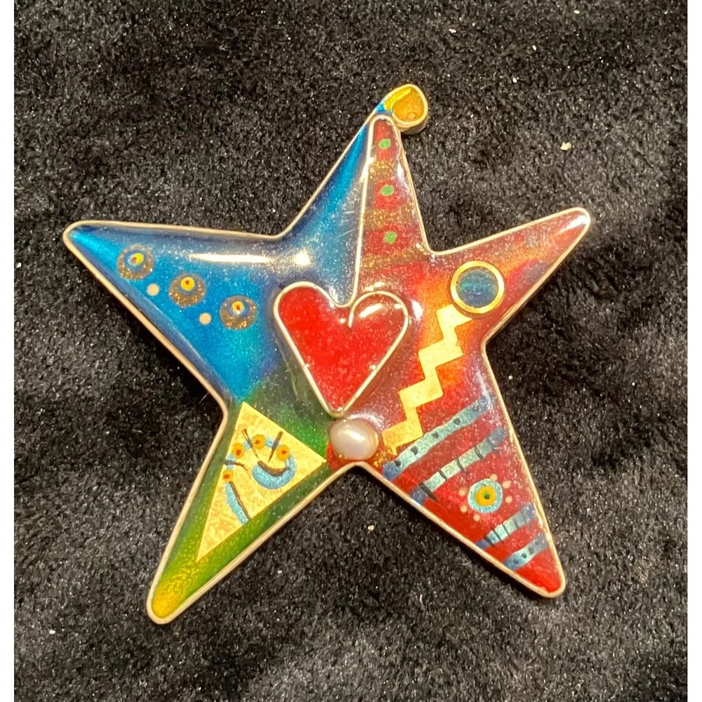 Yossi Steinberg Star Brooch Multi-Color Enamel Heart Pearl Celestial Pin